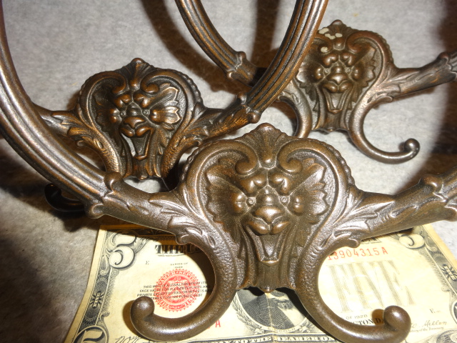THREE Antique Victorian Goth LION FACE Double HOOK Coat Hat Rack Ornate  Brass